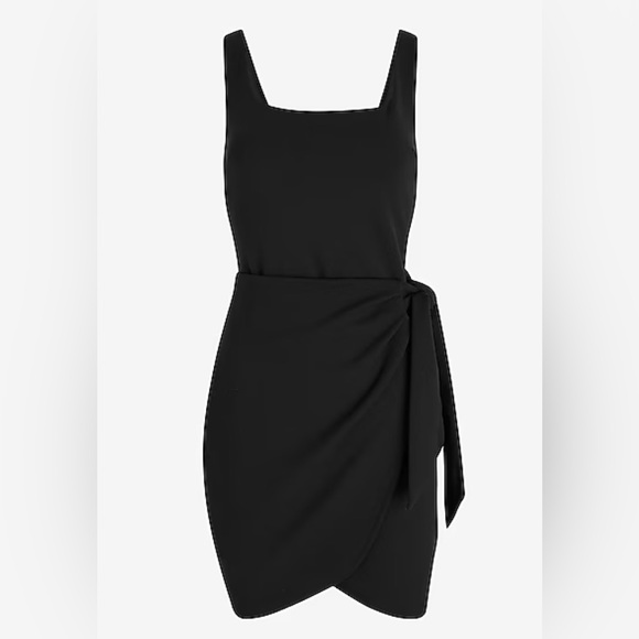 Express Little Black Mini Faux Wrap Dress with Scoop‎ Neck and Tie - Picture 4 of 16